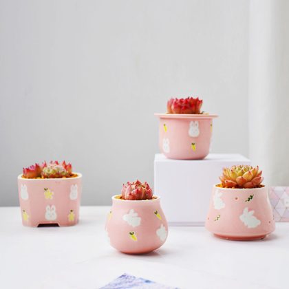 4PCS/Set Ceramic Cute Pink Rabbit Flower Pot