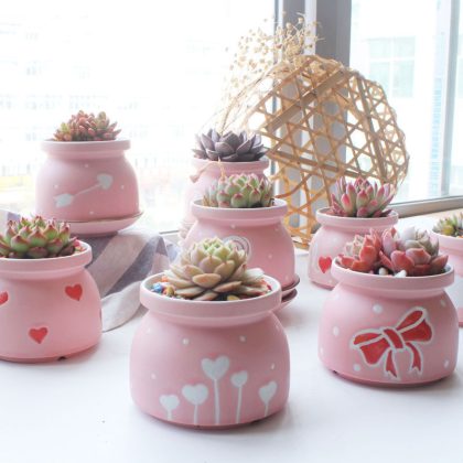 4PCS/Set Pink Ceramic Plant Pot With Hole Design